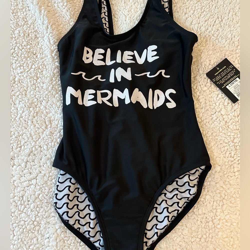 Believe in Mermaids One Piece Girls'‎ Swimsuit Black and Glittery 10/12